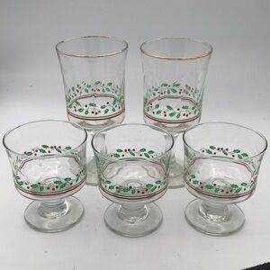 VTG Libbey Arby's Holly & Berries Wine Glasses & Dessert Cups 5-piece
